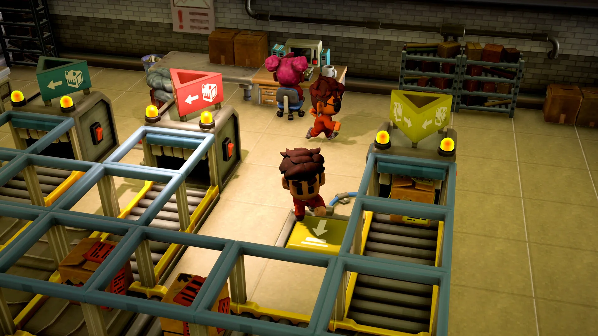 Official The Escapists 3 screenshot showing a prison storeroom with metal shelving stacked with boxes and packages beside a work desk, one of the places scavenged components come from