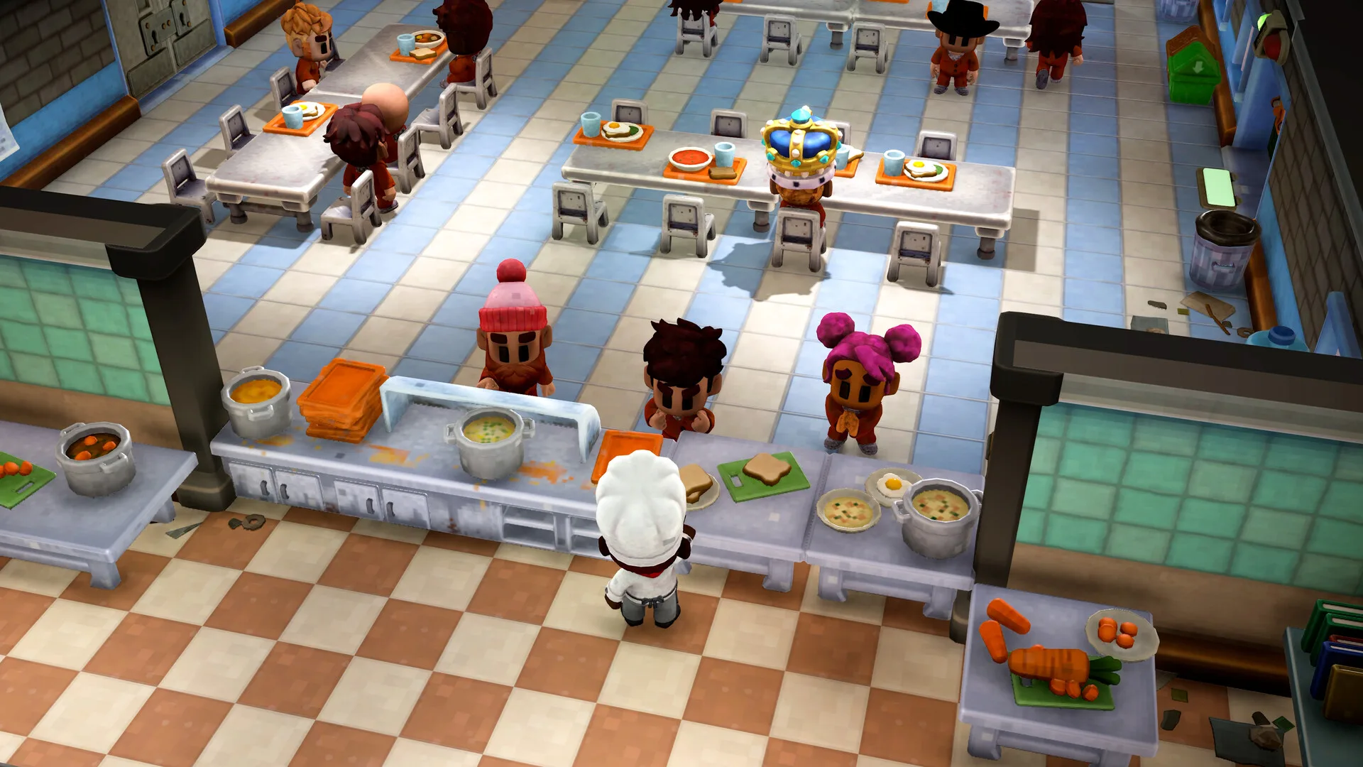 Official The Escapists 3 screenshot showing the prison cafeteria with checkered floors and inmates at dining tables, the natural hunting ground for a stolen fork